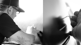 Image of a pinstripe artist doing his thang!<br>This shot was used on his business cards.